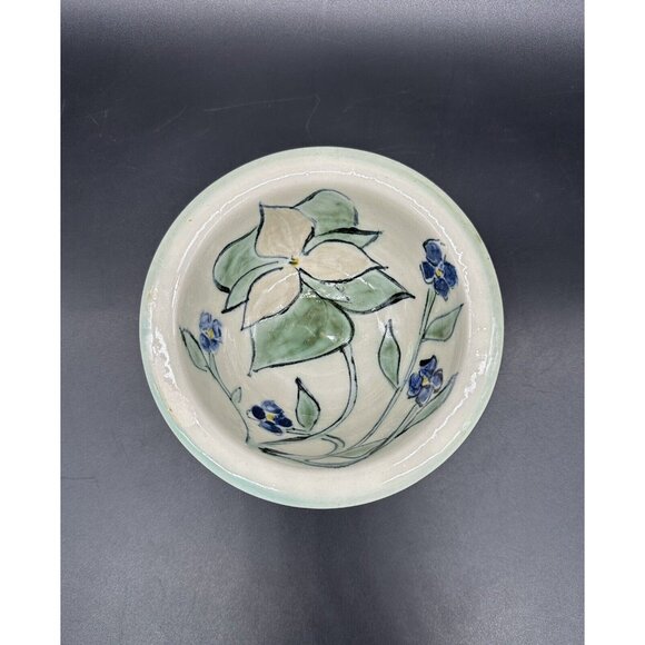 Studio Art Pottery Bowl Violets Trillium Flowers Hand Painted Signed Floral Dish - Picture 2 of 9